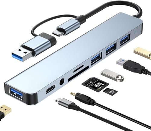 Heendzoo Hub USB C Hub 8 en 1 USB C avec 4 ports USB, 1 USB C USB 3.0 Hub TF/SD lecteur de cartes sortie audio de 3,5 mm pour MacBook Pro/iPad Pro/HP Aluminium
