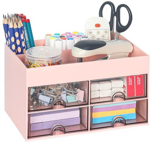 TQVAI Schreibtisch Organizer, 3 Fächer Stiftehalter Schreibtisch mit 4 Schubladen Stiftehalter Kinder Multifunktionaler Stifte Aufbewahrung Für Büro Zuhause Schule, Rosa