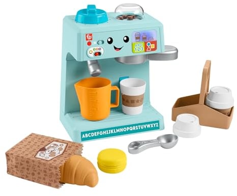 Fisher-Price Coffret Machine à Café : Apprendre et Servir avec Éveil Progressif et 10 éléments, à partir de 18 Mois, Version multilingue, HYR98
