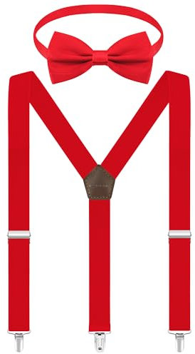 Fevaeno Hosenträger Fliege Set, Breit 2.5cm Y Form mit 3 Starken Clips, Einstellbar und Elastisch Einheitsgröß Hosenträger für Herren und Damen Rot