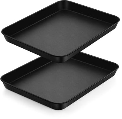 2 Pieces Small Oven Tray, Homikit Carbon Steel Baking Sheet Pan with Non-Stick Coating, 26.5x20.5x2.5cm for Focaccia Pizza Cookie Bread, Non-Toxic, Sturdy & Easy Clean, Black