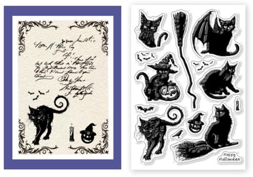 CHGCRAFT Halloween Stempel Mit Schwarzen Katzen Und Besen Schöner Katzenhintergrund Transparente Silikonsiegel Stempel Für Kartengestaltung Dekoration DIY Basteln 8.3x5.8(5) cm