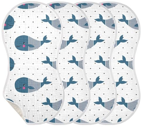 KLL - Musselin-Spucktücher für Babys, Mädchen, 4 Stück, große Baumwoll-Spucktücher, Unisex, weich, saugfähig, bequem, niedliche Spucktücher, blauer Wal