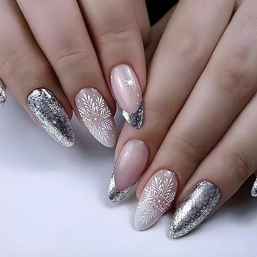 JUSTOTRY 24 Pcs Christmas Press on Nails Short Almond,Silver False Nails with Snow Designs,Pink Oval Stick on Nails for Women,Festival French Fake Nail Medium for Nail Art Gifts