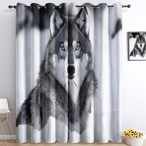 CozyRest Blickdichte Vorhänge mit Druck, Blauäugiger Alaska-Wolf Vorhänge Thermo Wanddekoration, Verdunkelungsvorhänge für Schlafzimmer, 260 x 140 cm x 2 Schiebevorhänge