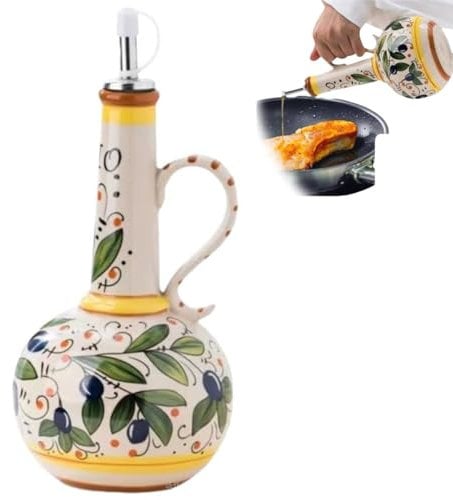 Botella dispensadora de aceite de oliva de cerámica italiana de 23 onzas, botellas de aceite de oliva pintadas a mano, vinagre decorativo de gres para cocina con boquilla de acero inoxidable para
