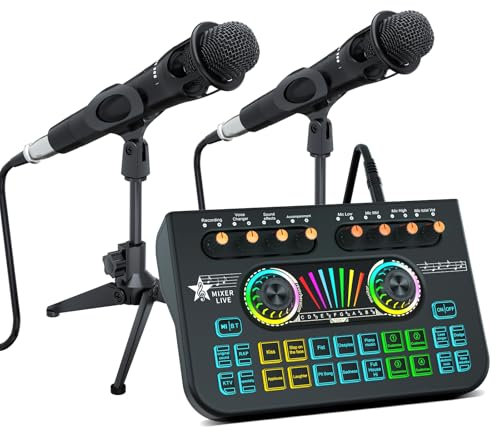 Podcast Equipment Bundle for 2 Mic Tiktok Video Content Creator Kit, Audio Interface DJ Mixer Sound Card Board Condenser Microphone kit Perfect for Studio Live Streaming for Smartphone PCYouTubeLaptop