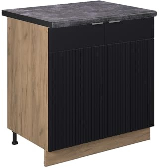 Vicco Spülenunterschrank Fame-Line, Schwarz gestreift, 80 cm | MDF-Front · Arbeitsplatte Anthrazit · Höhenverst. Füße · Metallgriffe · Soft-Close