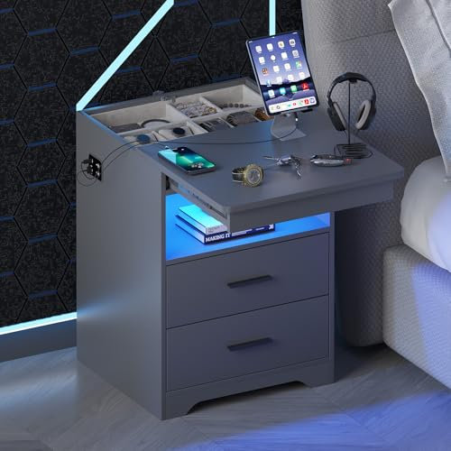 Gurexl LED Nachtschrank mit 3 Licht Dimmbar, Smart Nachttisch mit Ladefunktion, Abschließbare Schubladen Sideboard mit 3 Schubladen USB Type-C Wohnzimmer Grau