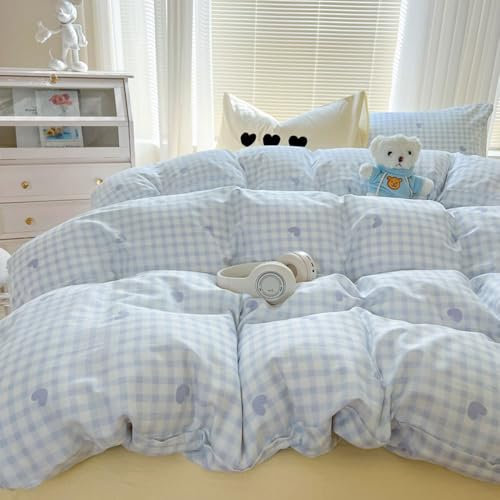 Nyescasa Housse de Couette Coeur Bleu 200x200 à Carreaux Bleu et Blanc Moderne Parure de lit Adulte 2 Personnes en Microfibre Housses de Couettes avec Fermeture Éclair et 2 Taies d'oreiller 65x65 cm