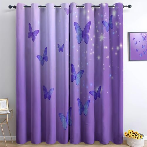 Lila Fantasie Vorhainge Aquarellhintergrund Blau Schmetterting Gardinen mit Osen, Vorhang Blickdicht Verdunklungsvorhange Schiebevorhange Schlafzimmer Wohnzimmer Blackout Curtain 2er Set H166 x B75 cm