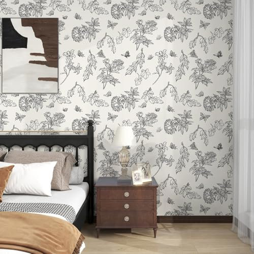 proprodiudiu Floral Peel and Stick Wallpaper Vintage 17.7X393 Black and Cream White Floral Contact Paper Butterfly Flower Botanical Wallpaper Adhesive Removable Vinyl Wall Paper for Bedroom Cabinet