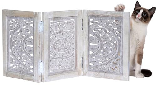 Marrakesch Handgefertigter Paravent aus Holz in weiß 90cm breit | Stilvoller Tischparavent Famara als Balkon Sichtschutz im Landhausstil | Türgitter ohne Bohren für Baby Katze & kleine Hunde