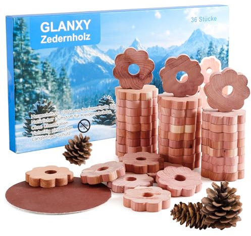 Zedernholz Mottenringe Ringe 36 Stück | GLANXY Premium Mottenschutz für Kleiderschrank | Chemiefreie Mottenfalle mit Langzeit-Schutz | Naturprodukt gegen Kleidermotten Mit Schleifpapier