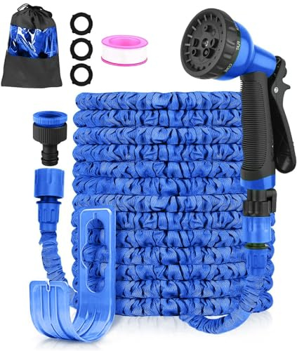 LINGKY Flexibler Gartenschlauch 15m, dehnbarer flexiSchlauch, Wasserschlauch flexibel mit 3-Fach Latexkern inkl. Adapter für 1/2' 3/4' Zoll und Wandhalterung, für den Außenbereich