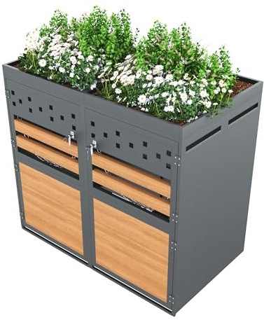 Lot de 2 cache-poubelles en métal avec toit végétal pour poubelles de 120 à 240 l, en acier galvanisé avec porte aspect bois, verrouillable avec fentes d'aération, pot de fleurs avec trous de drainage