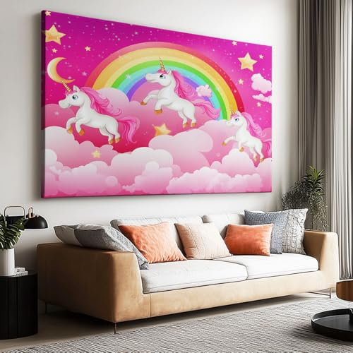 Wandbilder Leinwand 70 x 50 cm Groß Wanddeko Schlafzimmer Kunstdruck - Aesthetic Leinwandbilder Wohnzimmer Gemälde Foto Geschenk Living Room Decoration Regenbogen Sterne Einhorn Cartoon