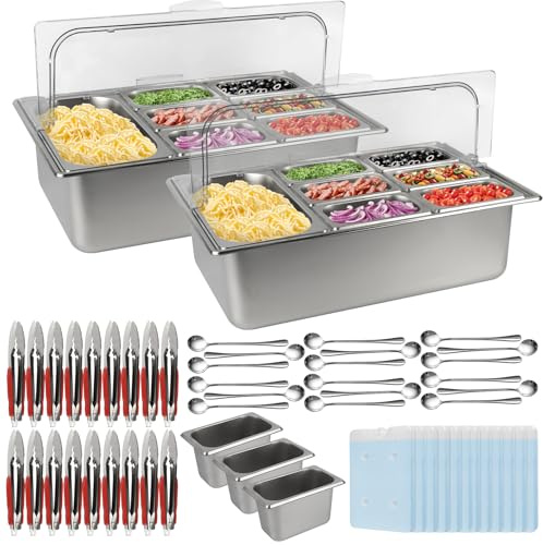Kalolary 2 Sets 10 Pans Pizza Topping Station with Ice Boxes Spoons Clips