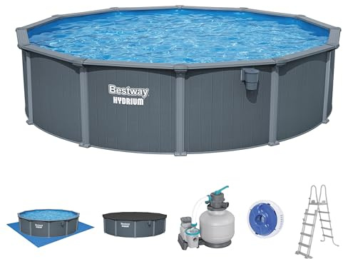 Bestway Hydrium Stahlwandpool Komplett-Set rund 549 x 132 cm Holz-Optik Grau Gartenpool Aufstellpool Sandfilter