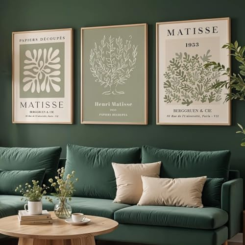 GKUVBF Matisse Grüne Pflanze, abstrakte Leinwanddrucke, Poster, moderner Minimalismus, botanische Kunstdrucke, Heimdekoration, Leinwandgemälde (50 x 70 cm, 3-teilig, rahmenlos)