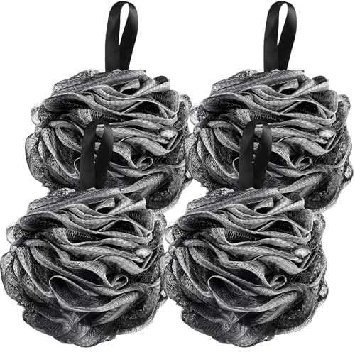 Zykra Lot de 4 Fleur de Douche Lavable Noir, 13 cm Eponge Douche | 60 g Fleur de Bain Douche avec Boucle de Suspension, Exfoliantes, Bath Loofah pour La Maison, Les Voyages et Les Hôtels