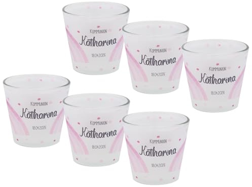 Windlicht Banderole Rosa Regenbogen Kommunion Konfirmation Taufe Tischdeko PERSONALISIERT 7,5cm H (6)