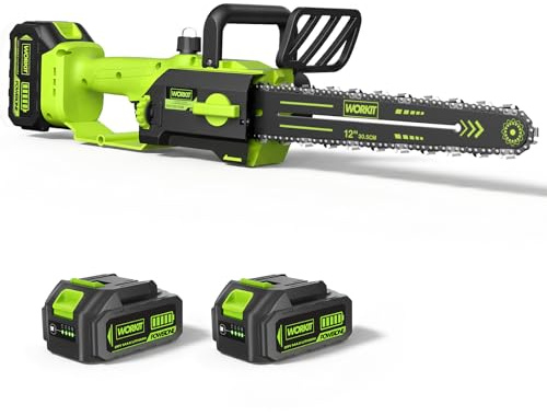 WORKIT 12-inch Cordless & Brushless Chainsaw, 2X 4000mAh Batteries, Auto Chain Tensioning & Oiling, Tool-Free Setup with Safety Lock, Handheld Electrical Chainsaw for Hard Work Cutting & Trimming