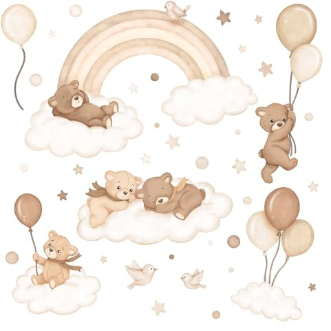 Wally Fox - Wandtattoo Kinderzimmer - Wanddeko - Wandaufkleber - Boho Bären auf Wolken und Ballons mit Regenbogen, UV-beständig, Braun Beige, Bogen mit 38 Teile