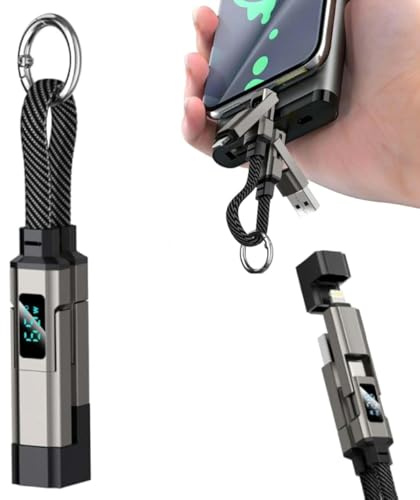 4 in 1 USB C Keychain Charger Cable, 65W Fast Charging Short Phone Lanyard Data Cable Fit Light-ning/Type-C/USB-A/USB-C, Portable Multi Charge LED Display Digital Cord (Black)