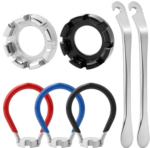 Kit reparation velo 7 pièces, clé à rayons vélo universelle et demonte pneu