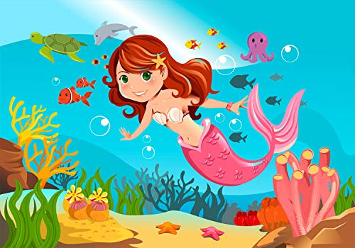 wandmotiv24 Fototapete Kinderzimmer Meerjungfrau Unterwasser, XL 350 x 245 cm - 7 Teile, Wanddeko, Wandbild, Wandtapete, Meer, Fische, Comic, Kinder M0318