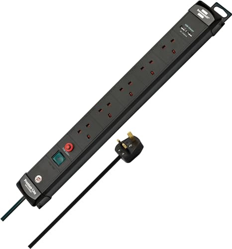 Brennenstuhl Premium-Line FB, 5-way extension lead with 2 USB charging ports (switch and 3m cable, with Safety Fuse Button, Made in Germany) black