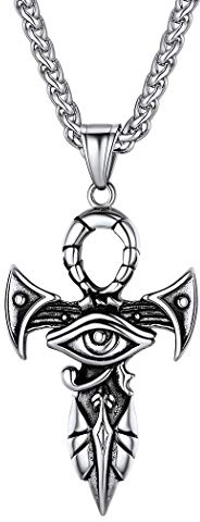 Suplight Herren Ankh Anhänger Halskette Edelstahl Anch-Kreuz mit Horusauge Udjat-Auge 61cm Weizenkette antiken Ägypten Amulett Schmuck für Geburtstag Jahrestag