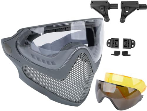 ATAIRSOFT Airsoft Maske 2 Modi Taktische Sicherheit Schutz Vollmaske Antibeschlagbrille Set mit 3 Wechselobjektiven Gray