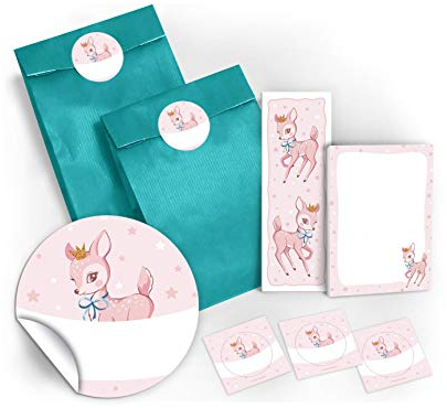 JuNa-Experten 6 Lesezeichen + 6 Mini-Notizblöcke + 6 Geschenktüten/blau + 6 Aufkleber Bambi Mitgebsel Gastgeschenk Kindergeburtstag Mädchen