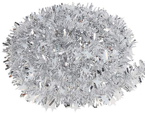 VEYLIN 10 Meter Sliver Xmas Decoration Tinsel with Star for Christmas Tree Home Office Supplies