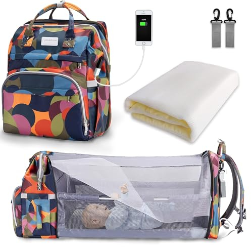 SNDMOR Wickeltasche Rucksack, wickelrucksack mit bettfunktion Großer, Multifunktionale Diaper Bag Mit Wickelunterlage, Kinderwagen-Haken, Geeignet für Mama und Papa(Orange Tarnmuster)