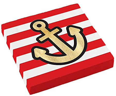 Amscan 9909912 - Papier-Servietten Pirat, 16 Stück, Größe 33 x 33 cm, rot-weiß mit Anker, Tisch-Dekoration, Kinder-Geburtstag, Motto-Party