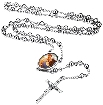 Custom4U Cutom4U Collier Femme avec Photo Personnalisé Collier Rosaire Croix Chapelet Catholique Photo Personnalisé Femme