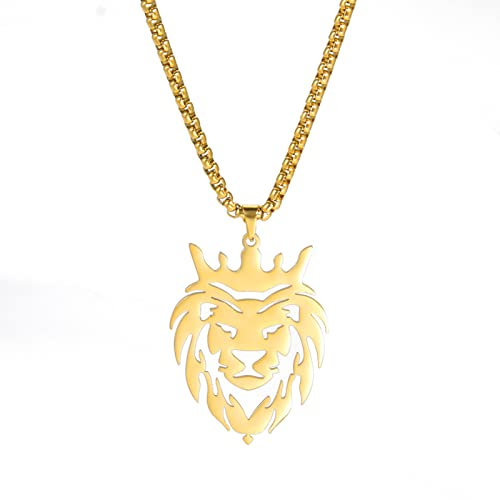 Amaxer Amante degli Animali Incoronato Re Leone Testa di Leone Scavato Pendente di Fascino Collana Hip Hop per Uomo Donna, Catena da 23'' (Oro)