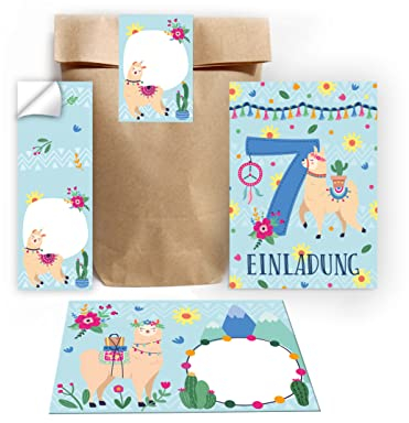 Junapack 12 Einladungskarten zum 7. Kindergeburtstag Einladung zum siebten Geburtstag Mädchen Lama incl. 12 Umschläge, 12 Tüten/Natur, 12 Aufkleber