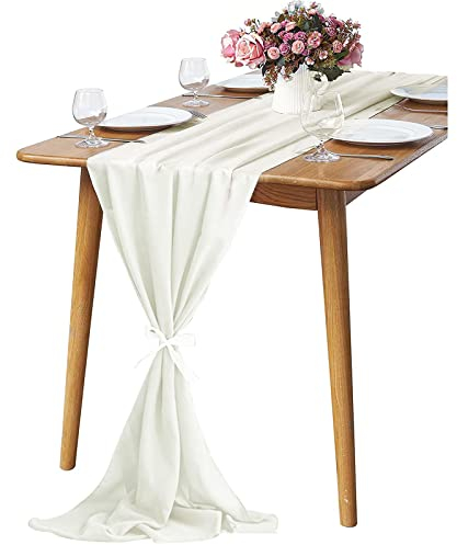 KAMEUN Chiffon Tischläufer, 300x70CM Tischläufer Beige Chiffon Dekorieren, Weiss Stoff Romantischer Hochzeitsläufer, Tüll Dekostoff für Hochzeit, Brautparty, Babyparty, Geburtstag,Partydekorationen