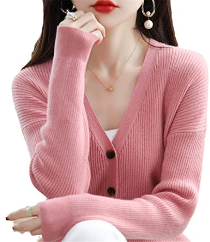 100% Lana Maglieria Cardigan Donne Ponticelli Primavera Vneck Maglioni Femminili di Lana Maglieria Rosa M