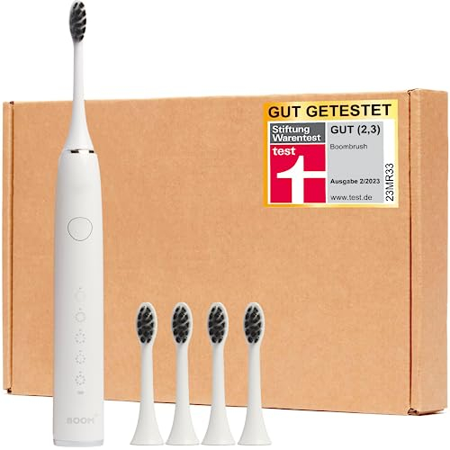 BOOMBRUSH Elektrische Zahnbürste - Schallzahnbürste mit 90 Tage Power-Akku inkl. 5 Aufsteckbürsten - Weiß - Effektive Sonic Technologie - Elektrische-zahnbürste für Mundreinigung