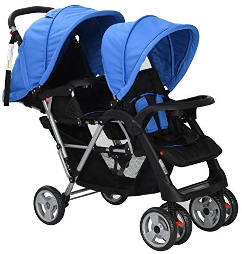 Tidyard Geschwisterwagen Geschwisterwagen Zusammenklappbar Geschwisterkinderwagen Doppelkinderwagen Kinderwagen Zwillingswagen Zwillingsbuggy Stahl Blau und Schwarz
