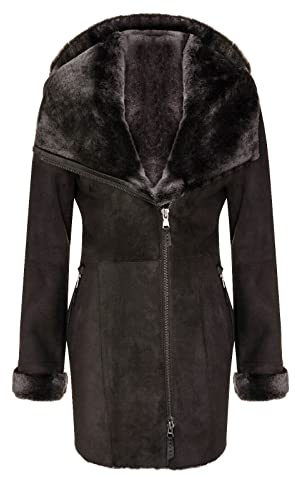 Ladies Hooded Shearling Sheepskin Merino Suede Leather Coat