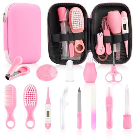 Baby Gesundheits- und Pflegeset, 14 in 1 Baby-Sicherheitsset für Neugeborene, Kindergarten, Gesundheitspflege-Set mit Haarbürste, Waage, Nagelknipser für Babys, Mädchen, Jungen (14 Kits, Rosa)
