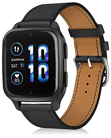 LanQii 20mm Leder Armband für Garmin Forerunner 165/165 Music/55/245/645/645 Music/Vivoactive 5/3/3 Music Uhrenarmband, Ersatzarmbänder für Garmin Venu Sq 2/Venu 2 Plus/Venu Sq/Venu - Schwarz