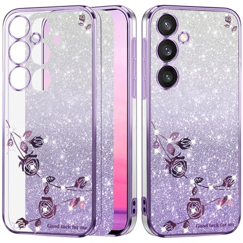 Yarxiawin Custodia per Samsung Galaxy A34 5G Silicone Morbido Rosa Effetto Glitter per Samsung A34 Cover Trasparente Sottile Fiore Protezione Antiurto Case Brillantini (Viola)