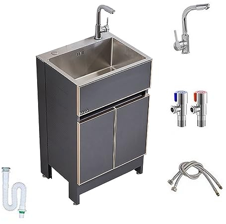 Küchenspüle mit Unterschrank Freistehende Kommerzielle Restaurant Edelstahl 1 Becken mit Warm Kaltwasserhahn Outdoor Garage Garten Camping Keller Ausgussbecken mit Abfluss Sieb ( Size : 60*45*82cm )